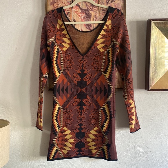 FREE PEOPLE SWEATER DRESS BOHO STRETCH BOHEMIAN PATTERN LONG SLV BODYCON DRESS L - Picture 6 of 17